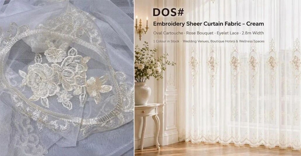 Foulola: DOS# – Embroidery Sheer Curtain Fabric – Oval Cartouche & Rose Bouquet with Eyelet Lace Border, Cool White Mesh & Champagne Gold Thread, 280CM Width, 1 Colour in Stock – Ideal for Wedding Venues, Boutique Hotels