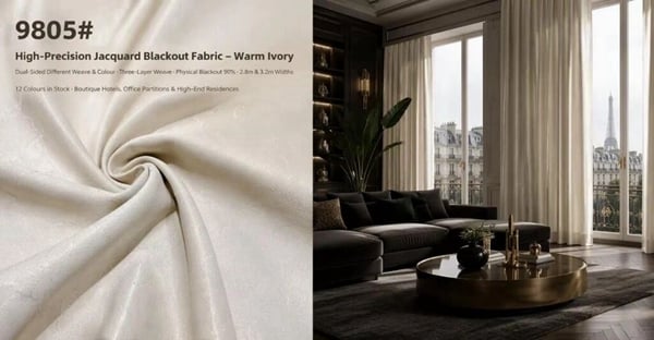 Foulola: 9805# – High-Precision 280CM & 320CM Width Jacquard Blackout Curtain & Fabric – Three-Layer Weave, Physical Blackout 90%, 446GSM, Dual-Sided Different Weave & Different Colour, A-Class Baby-Safe, Sound & Heat Insulation