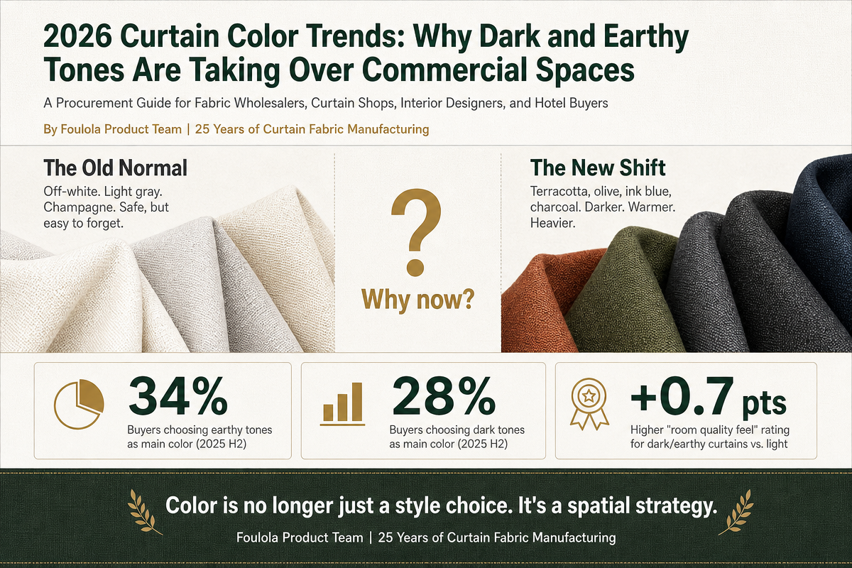 Infographic: 2026 curtain color trends for commercial spaces, comparing light neutrals with dark and earthy tones, featuring key procurement data and a 4-step color selection framework for hotels, offices, and designers.
