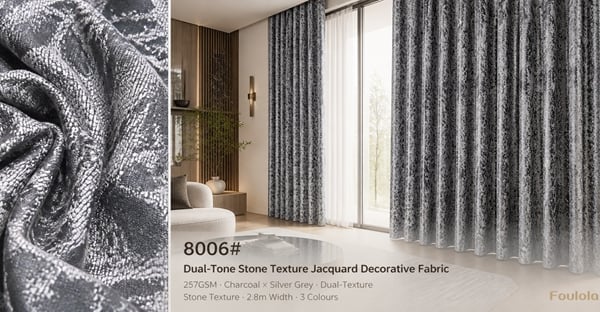 Foulola: 8006# – Dual-Tone Stone Texture Jacquard Decorative Fabric – Charcoal Grey × Silver Grey, 257GSM, 280CM Width, 3 Colours – Ideal for Modern Living Rooms, Offices & Boutique Hotels