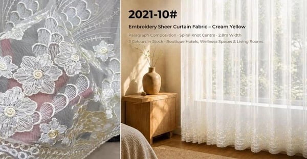 Foulola: 2021-10# – Embroidery Sheer Curtain Fabric – Scattered Rosette & Dense Scalloped Hem, Spiral Knot Centre, Fern Line-Drawing, Openwork Lace, 280CM Width, 3 Colours – Ideal for Boutique Hotels, Wellness Spaces, Living Rooms & Bedrooms