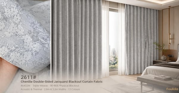 Foulola: 2611# – Chenille Double-Sided Jacquard 90-95% Blackout Curtain Fabric – 464GSM Triple-Weave, Acoustic & Thermal, Soft Drape, 280CM & 320CM  Width, 13 Colours – Ideal for Boutique Hotels, Wellness & Healthcare Spaces