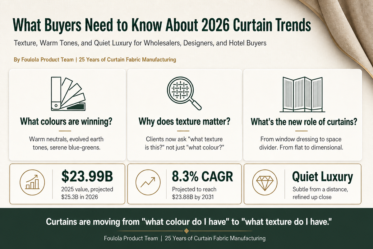 Infographic: 2026 curtain trends for buyers, covering warm colour palettes, textured fabrics, jacquard craftsmanship, sheer upgrades, and the Quiet Luxury aesthetic for wholesalers, designers, and hotel buyers.