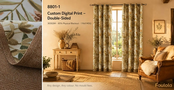 Foulola: Printed 8801# Series – Single-Sided Digital Print Blackout Curtain Fabric – Printed Face / Solid Linen Back, 303GSM Triple-Weave, 85% Shading, Custom Any Design/Colour, 280CM Width, 1 Roll MOQ
