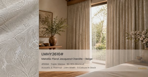 Foulola: LMHY2610# – Metallic Floral Garden Jacquard Chenille 90-95% Blackout Curtain & Fabric – 411GSM Triple-Weave, Acoustic & Thermal, Soft Drape, 280CM Width, 5 Colours – Ideal for Hotels, Resorts & Luxury Residential