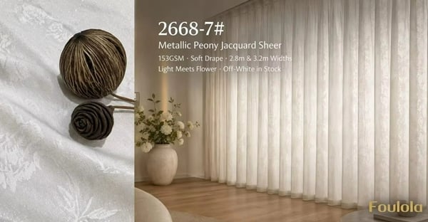 Foulola:2668# – Metallic Peony Jacquard Sheer Curtain – 153GSM, Soft Drape, 280CMm & 320CM Widths, Off-White in Stock, A-Class Compliant