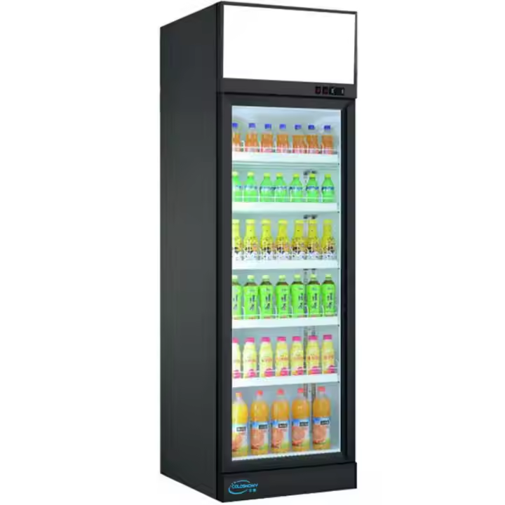 Single Glass Doors Vertical Beverage chiller with top Canopy and bottom compressor
