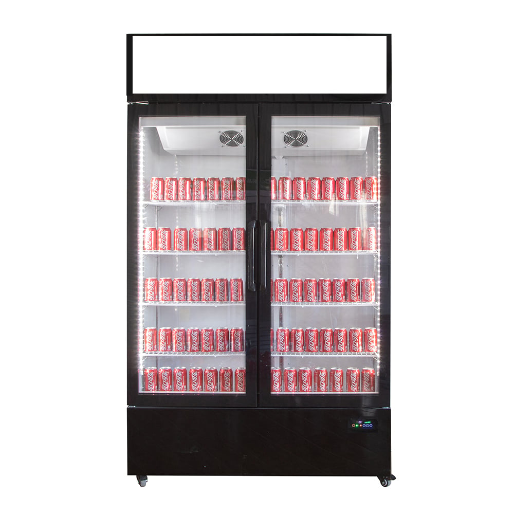 Double Glass Doors vertical Beverage Fridge with top Canopy and bottom compressor