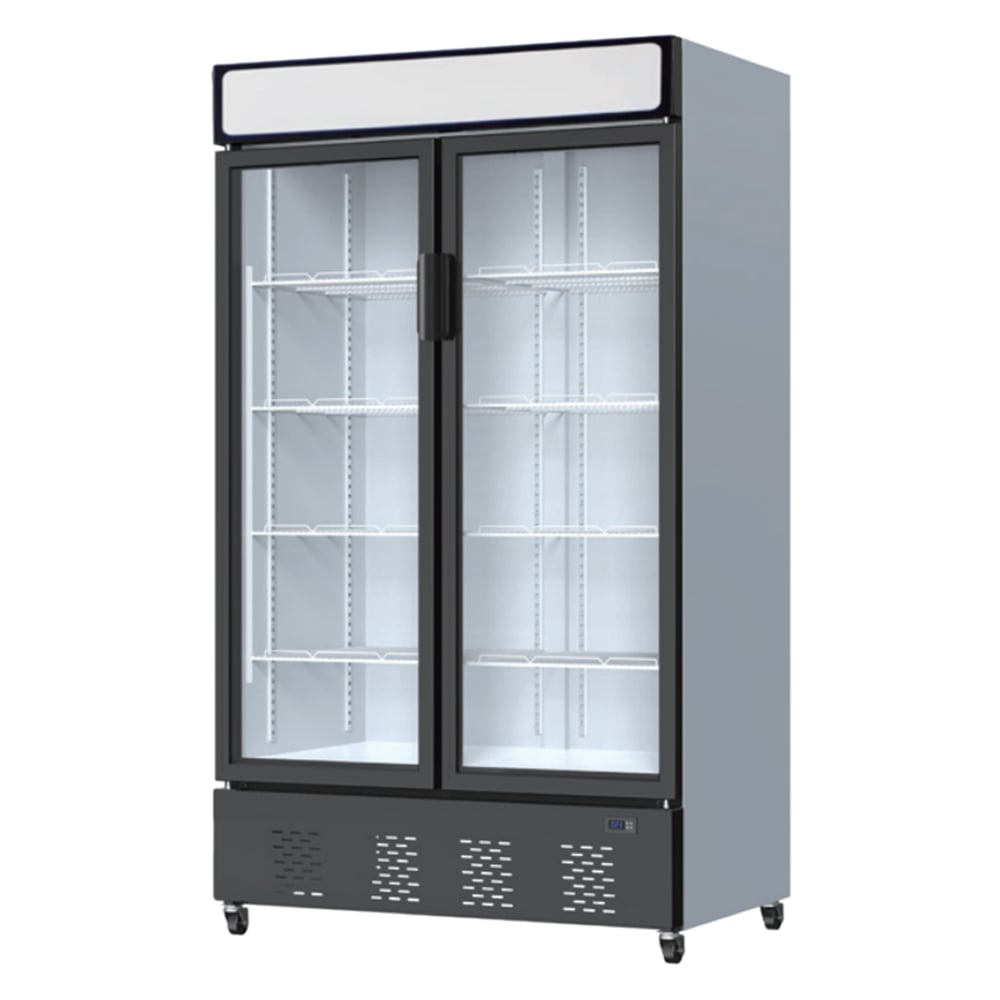 1360L ETL Double Glass Doors vertical showcase commercial refrigerator SC-1368FDX with top canopy and bottom compressor