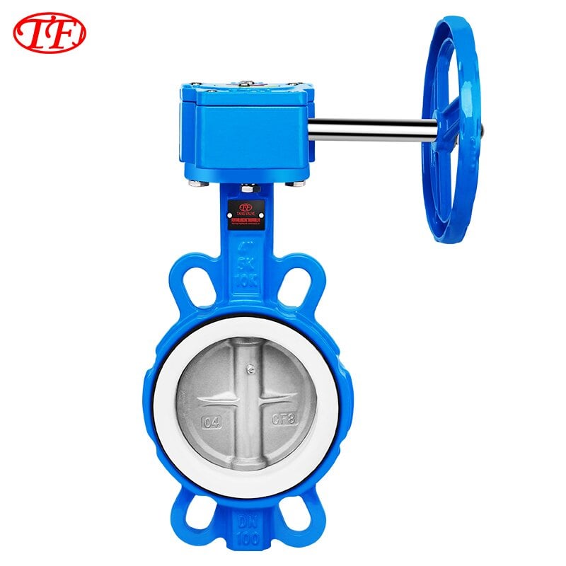 Ductile Iron Worm Gear Drive Wafer Butterfly Valve PTFE Blue D371F4-20Q