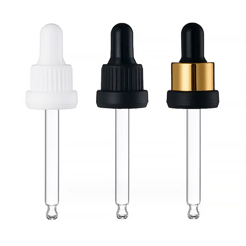 Transparante pipet klassieke zwarte anti-sabotage ring glazen druppelaar met zwarte ribfluweel kap en zwarte siliconen tepel 18mm