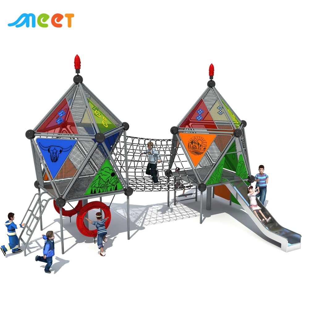 Custom Design Space Theme Two Floors Children Plastic & Metal Tube Slide Set for 10-20 Kids Outdoor Playground Park MT-DZT110