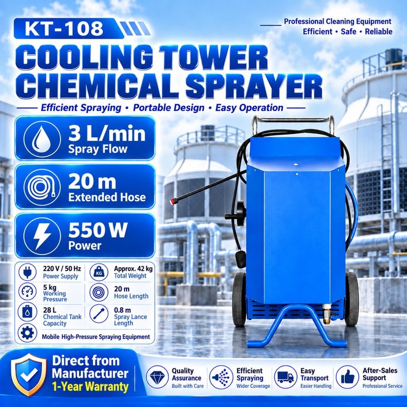KT-108 Cooling Tower Chemical Sprayer — 550 W, 3 L/min, 20 m High-Pressure Hose