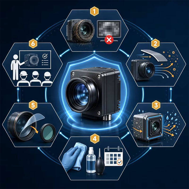 Những bước bảo trì nào giúp ngăn ngừa bụi bám vào ống kính của camera thị giác máy?