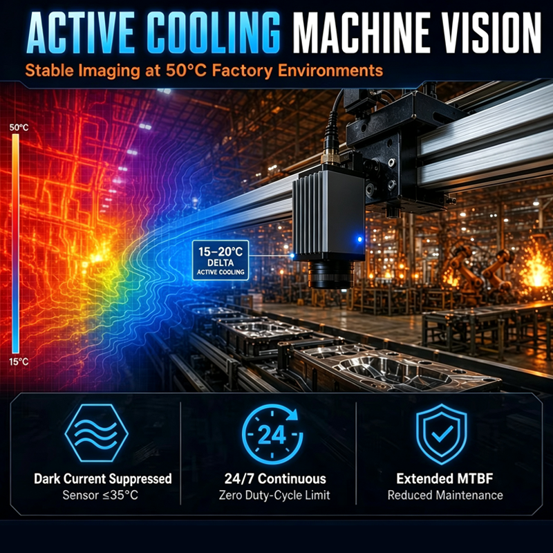 Liệu một camera thị giác máy với hệ thống làm mát chủ động có hoạt động ổn định hơn trên sàn nhà máy ở nhiệt độ 50°C không?