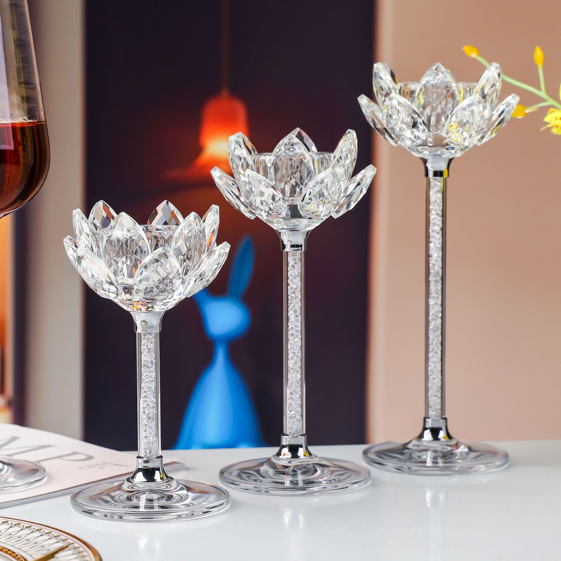 SmallBridge Lotus Crystal Candlestick Ornament Set of Three, Suitable for Multiple Occasions, Wedding Hotels, Multiple Styles, Simple and Elegant