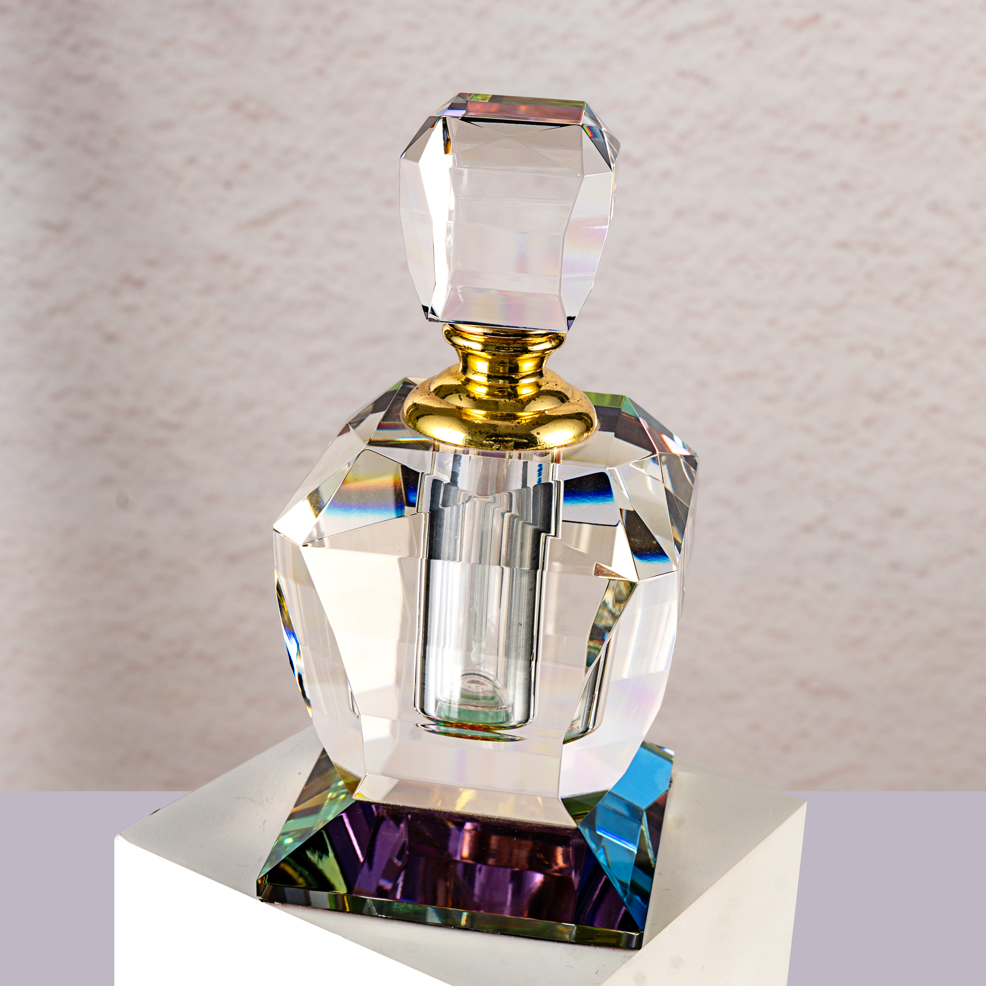 Smallbridge New Design Wholesale Transparent perfume Bottle Multi faceted Bottom Color Plating Process perfume Bottle Essential Oil Bottle Liquid Bottle Body 881g Capacity 12ml