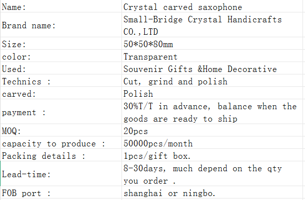 Pujiang crystal crafts 3D model with carved musical instruments, saxophone paperweight ornaments, creative birthday gifts, luminous lamp holders supplier