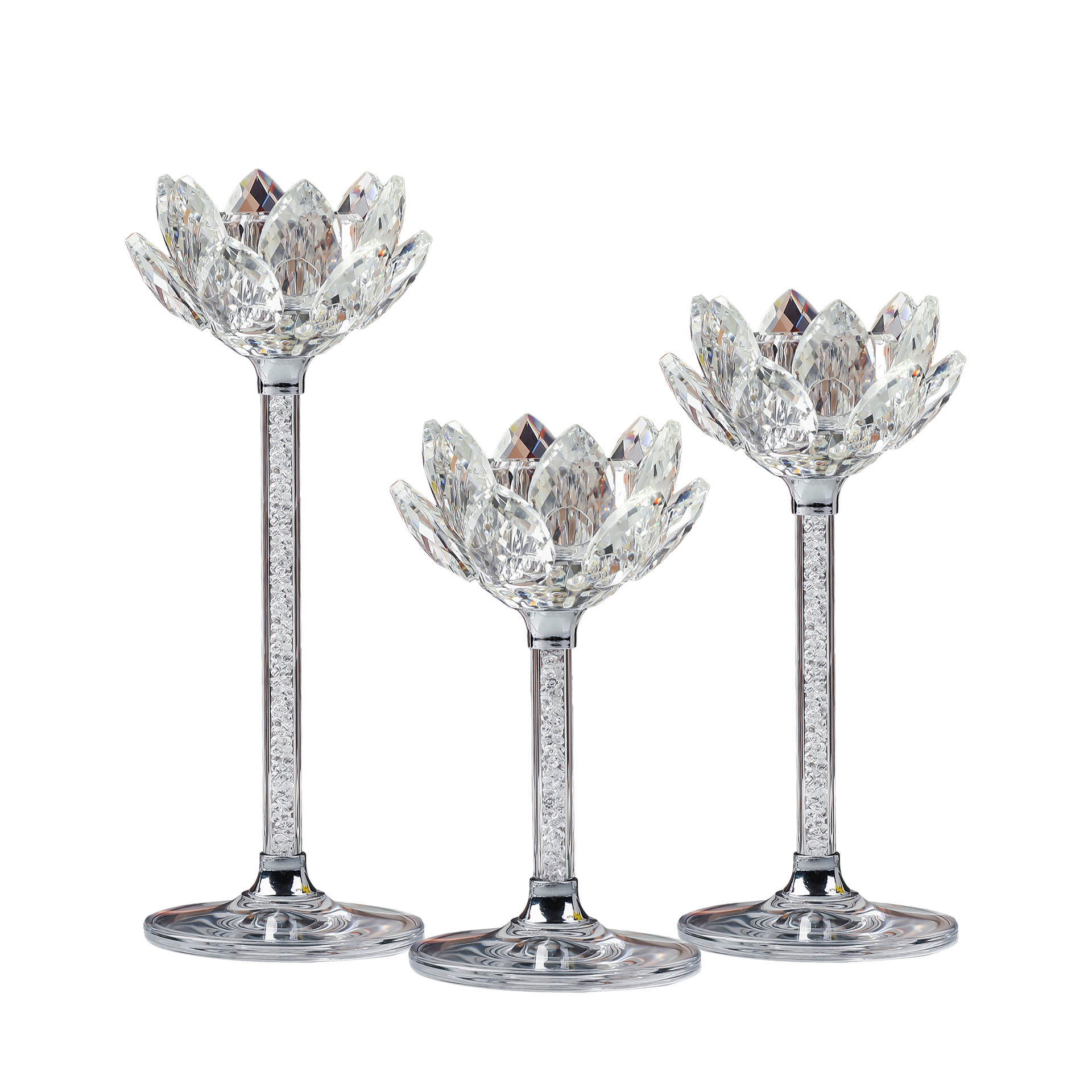 SmallBridge Lotus Crystal Candlestick Ornament Set of Three, Suitable for Multiple Occasions, Wedding Hotels, Multiple Styles, Simple and Elegant