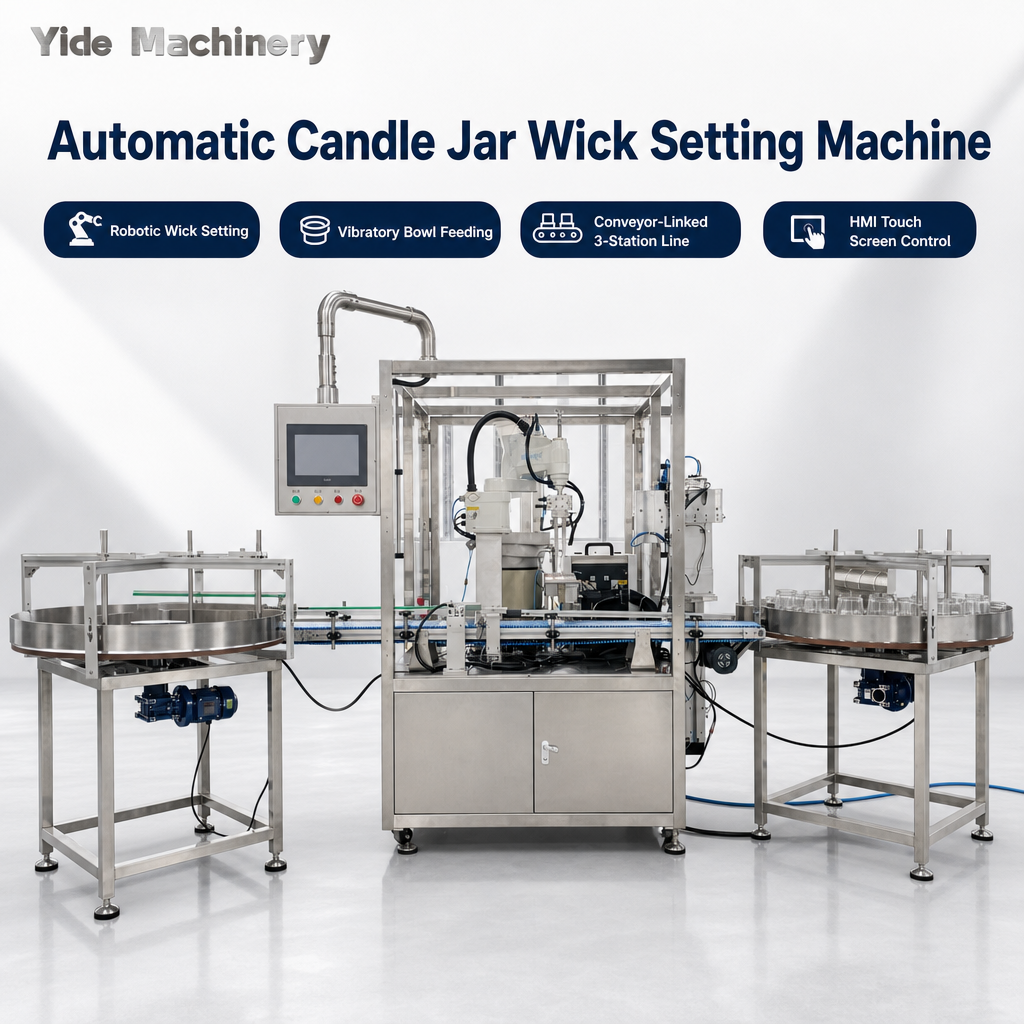 Candle Wooden Wick Inserting Machine YD-QZD-II | Wick Tab Fixing, Glue Spraying & Wick Placement for Candle Jars