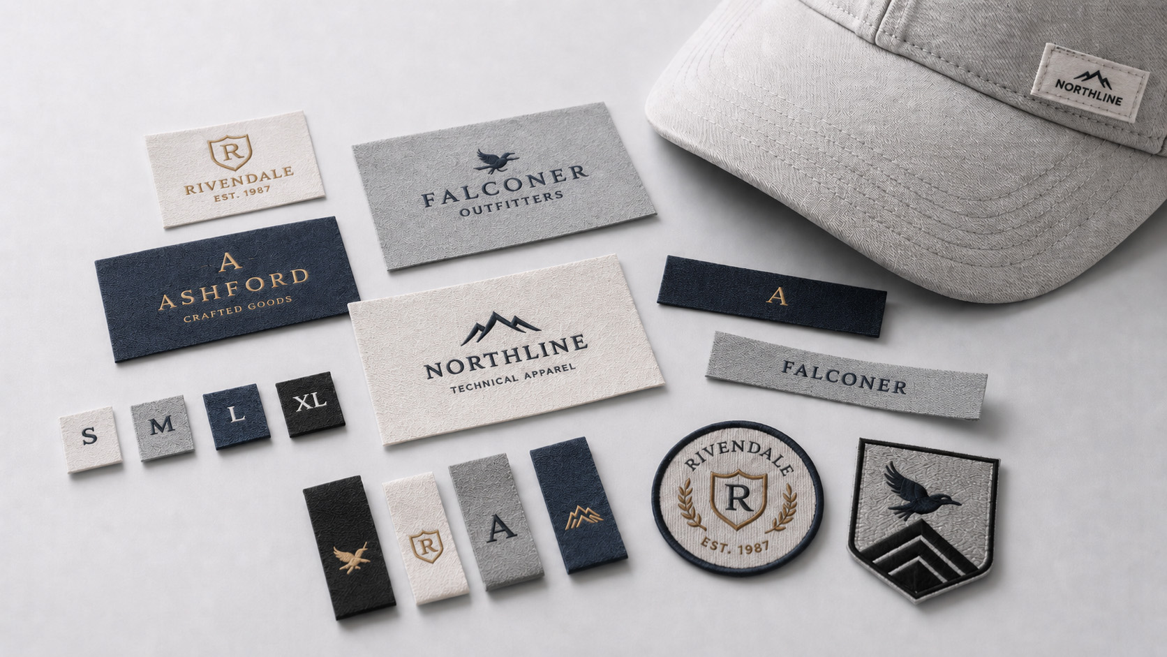 Woven main labels, size labels and decorative patches for clothing and caps