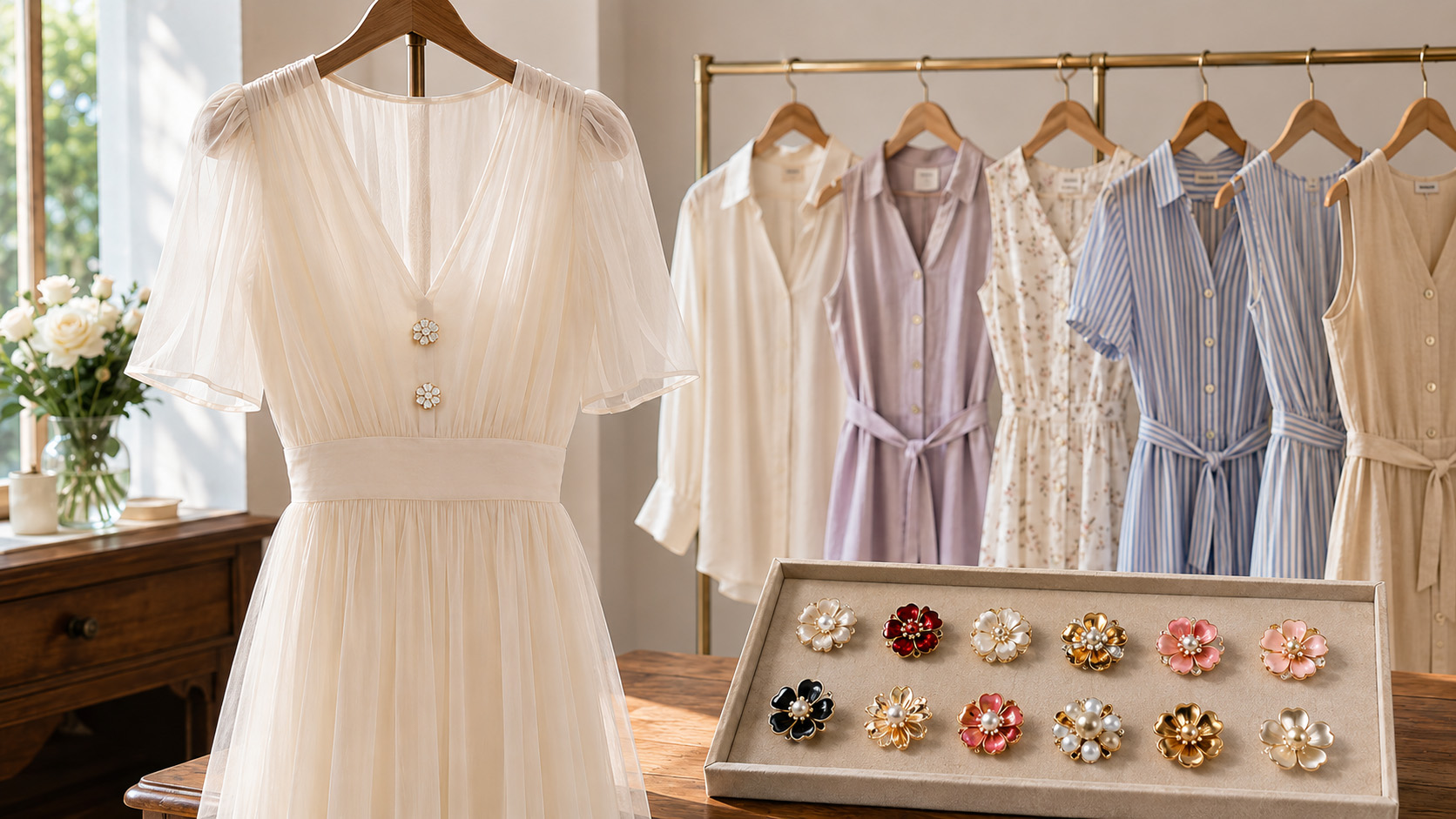 Custom flower button covers with pearl, enamel and metal fronts for garment collections