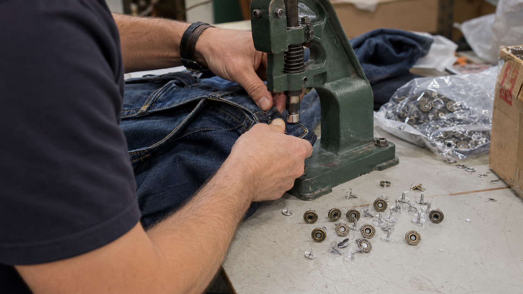 Hand press testing jeans button installation on thick denim