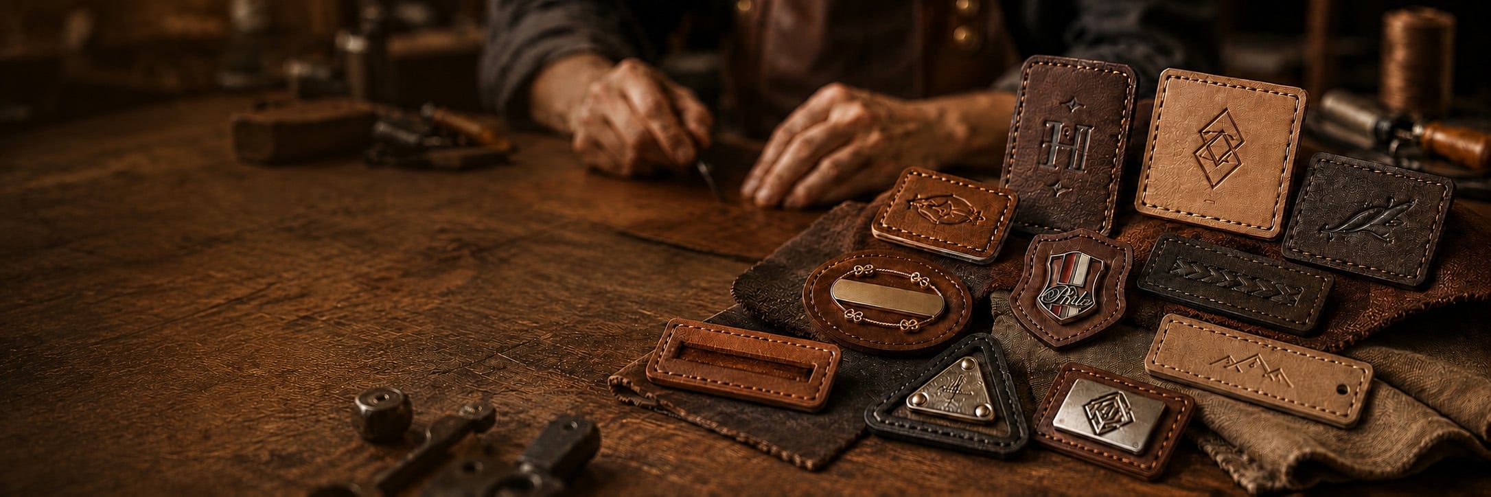 Custom leather labels and patches in a warm workshop setting
