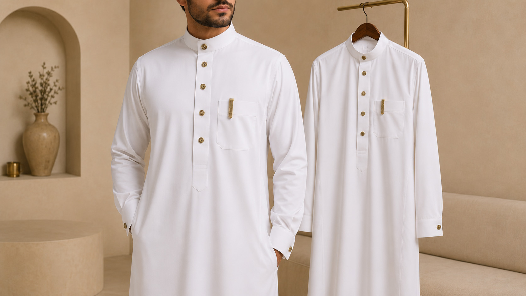 Gold snap buttons and straight pocket clips applied to thobe garments for coordinated details
