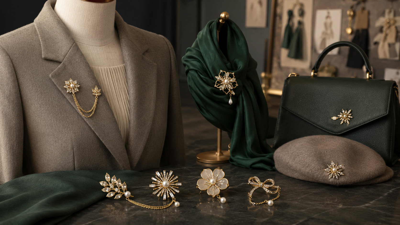 Custom brooch pins used on coats, scarves, hats, bags and fashion accessories