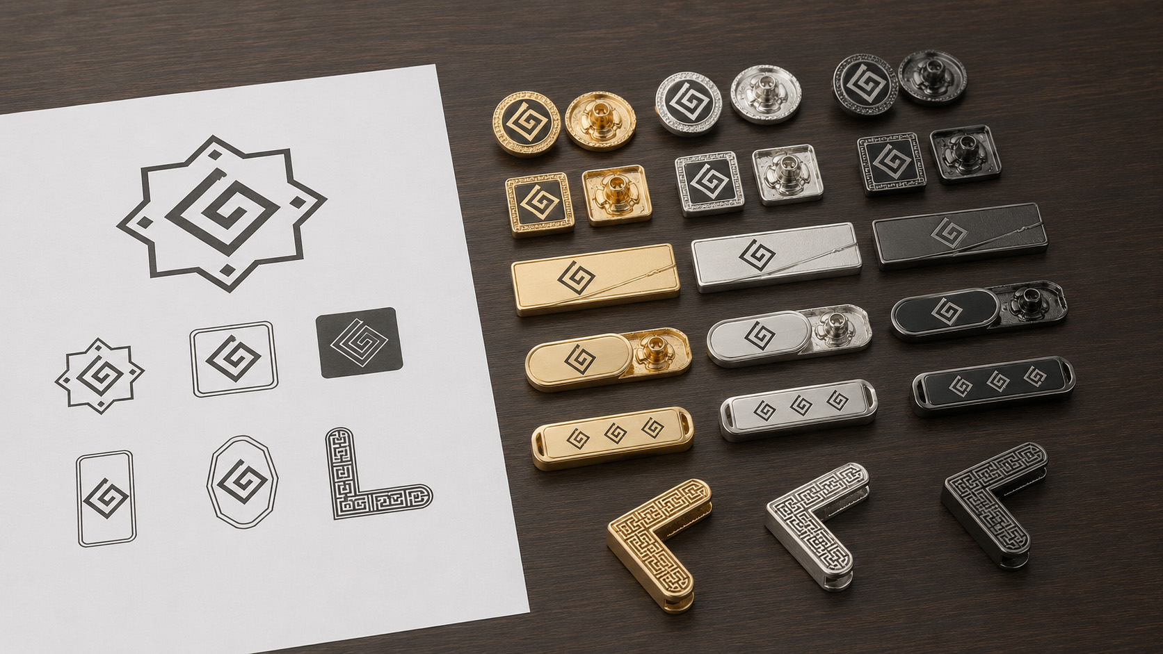 Custom thobe snap buttons, pocket clips and L-shaped clips developed from design artwork