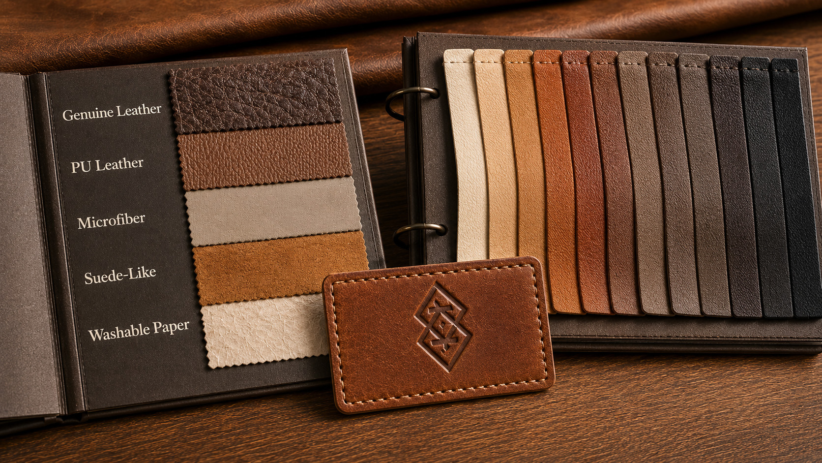 Leather label material samples with multiple colors and textures