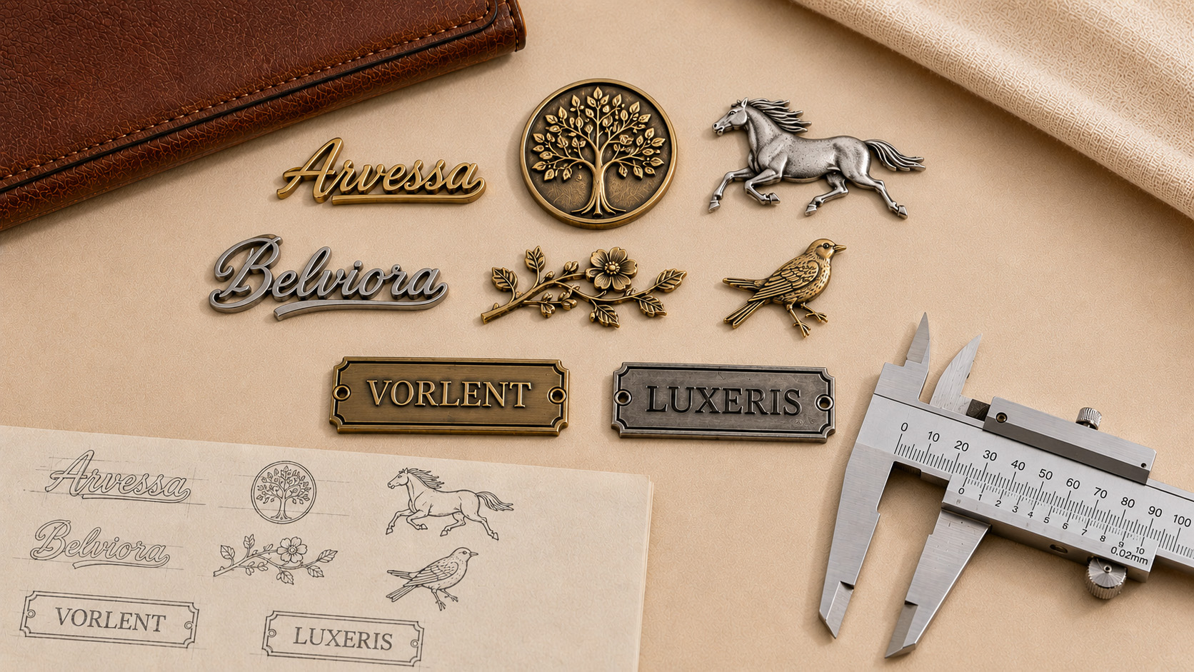 metal label sketches, samples and caliper measurement for reliable installation