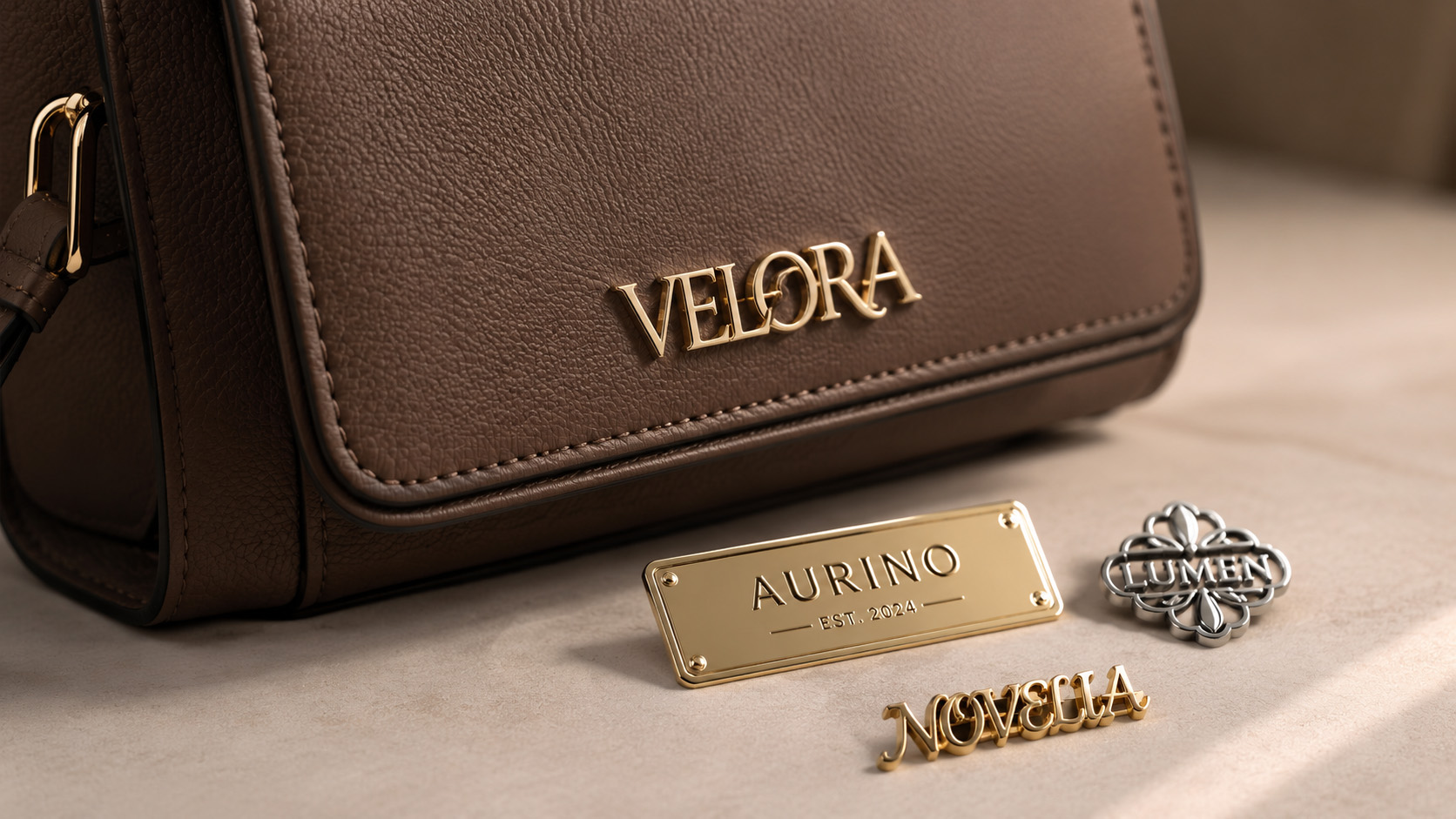 custom metal logo on leather handbag for premium brand identity