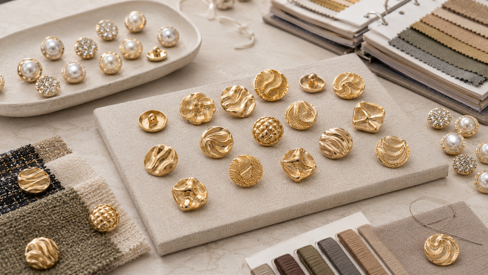 Gold, pearl-like and rhinestone shank button samples