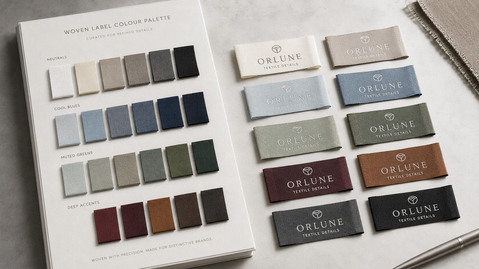 Customized woven label color palette for brand color matching and bulk consistency