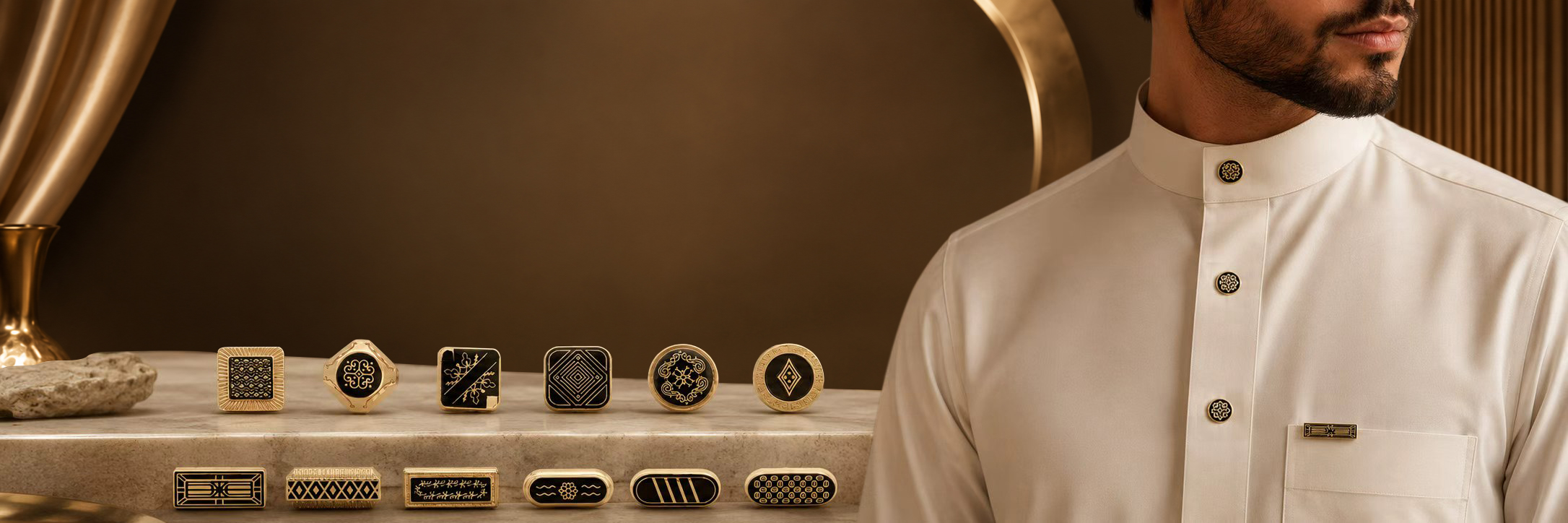 Luxury thobe with custom gold snap buttons, pocket clip and matching metal accessories