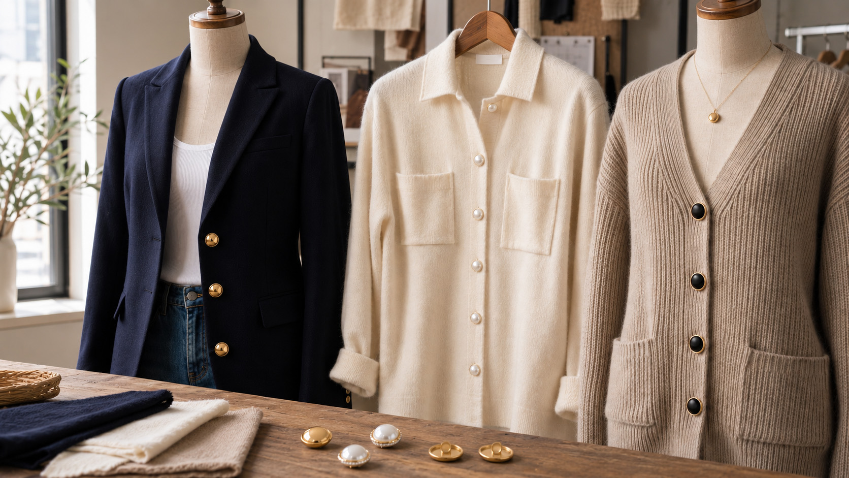 Shank buttons applied on blazer, tweed jacket and knitwear garments
