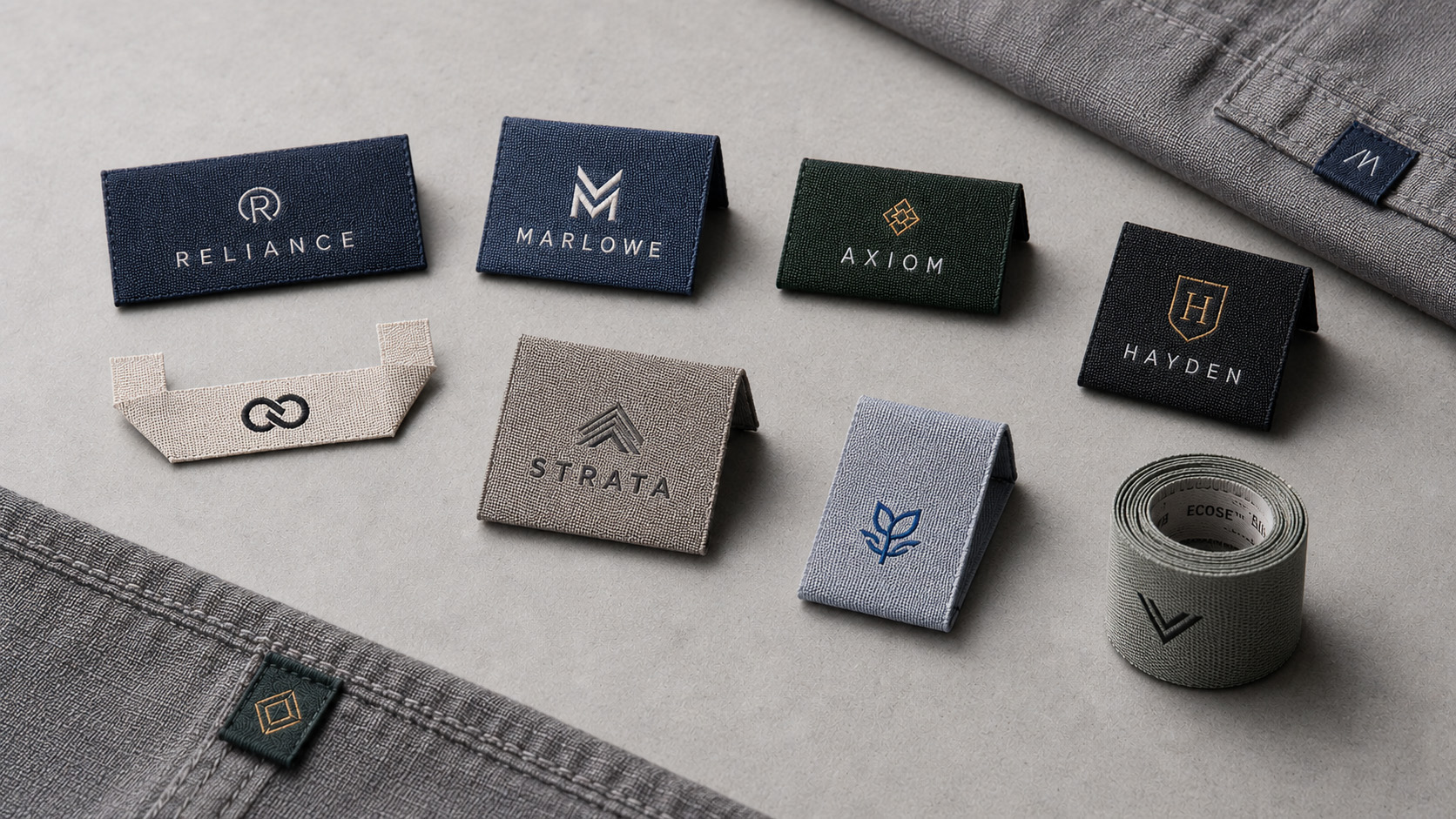 Folded woven labels with different cuts, edges and sewing options for garments