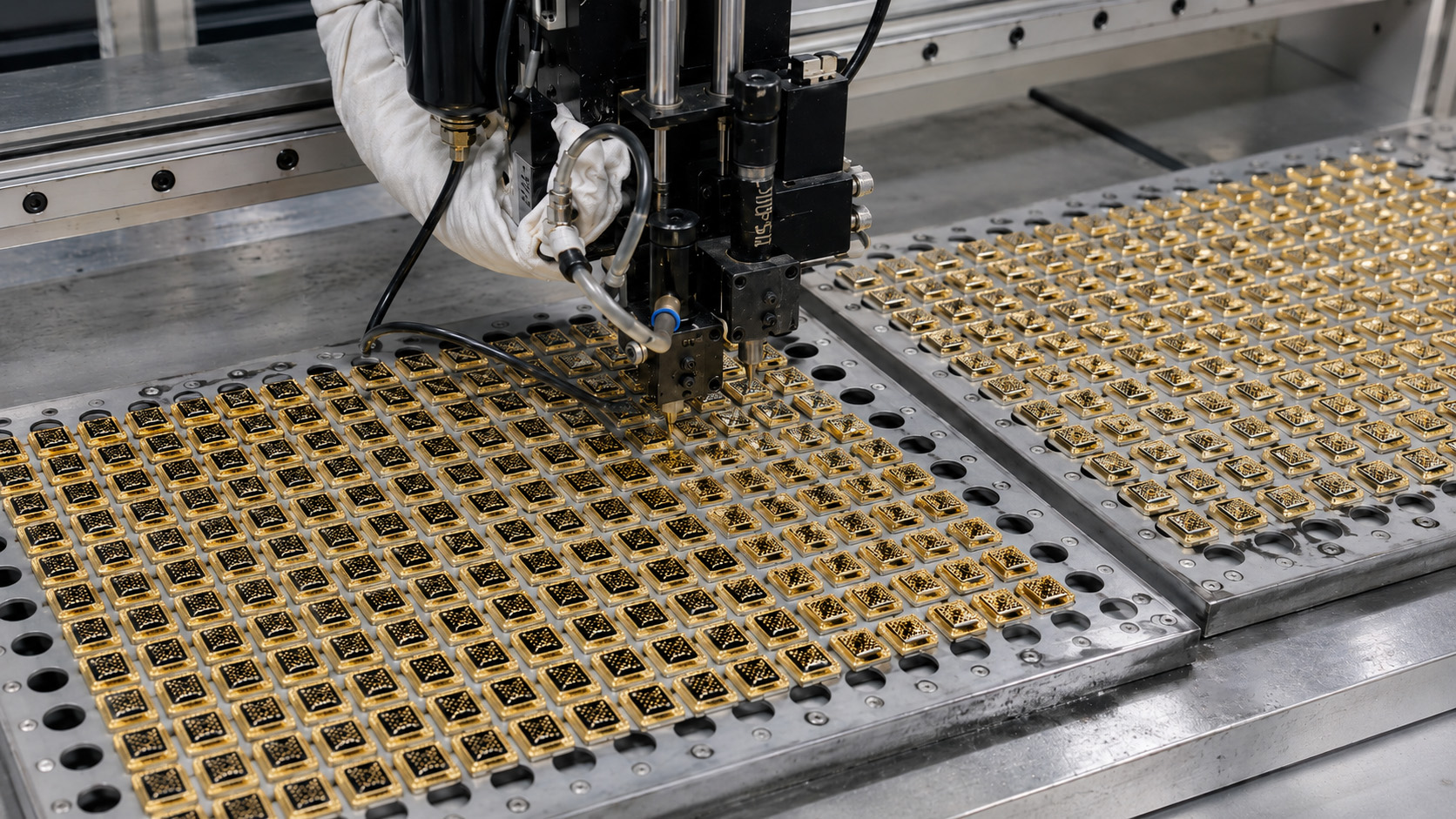 Bulk enamel color filling process for square thobe snap buttons in a metal accessories factory