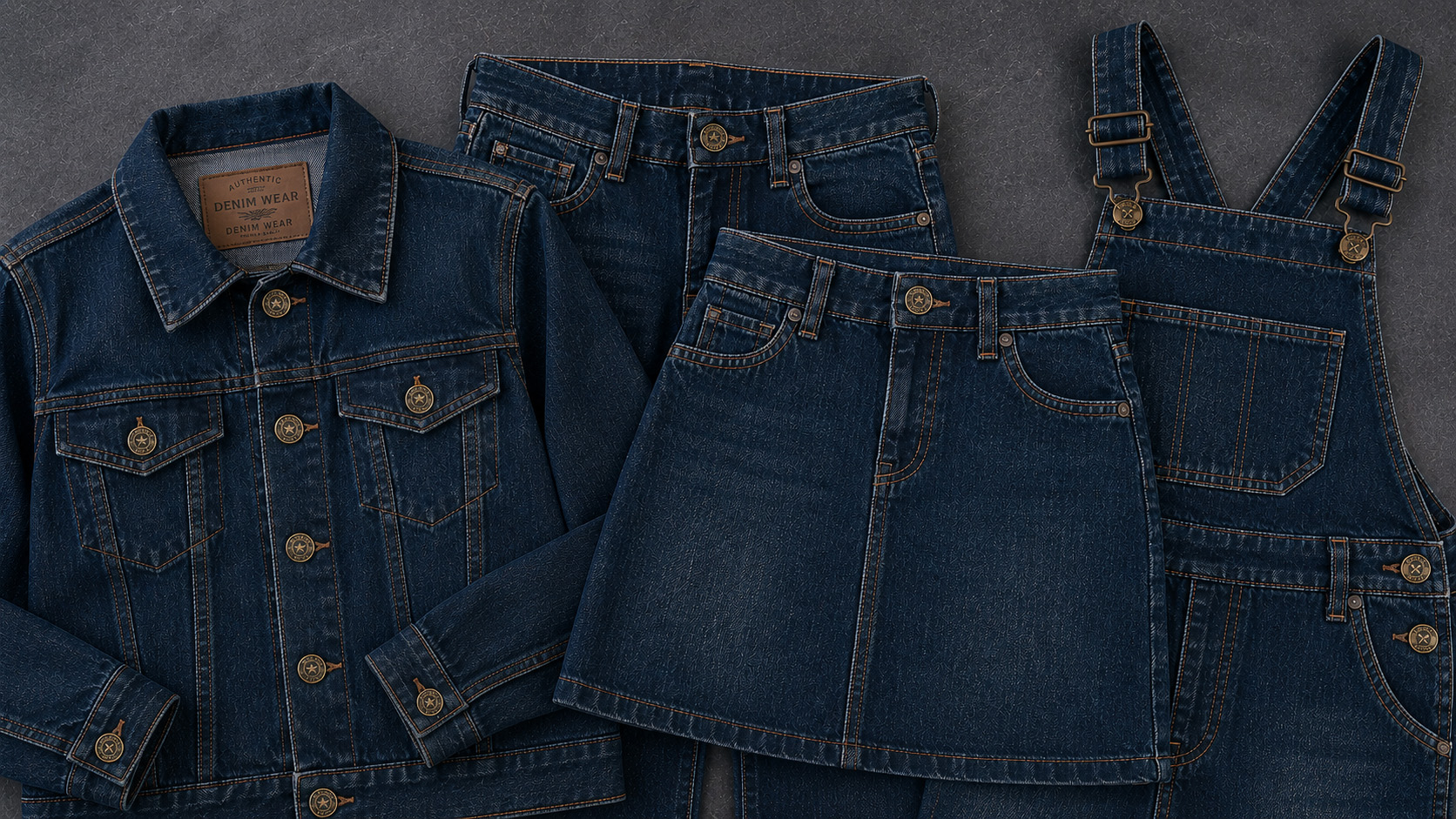 Denim jacket, jeans, skirt and overalls with metal jeans buttons