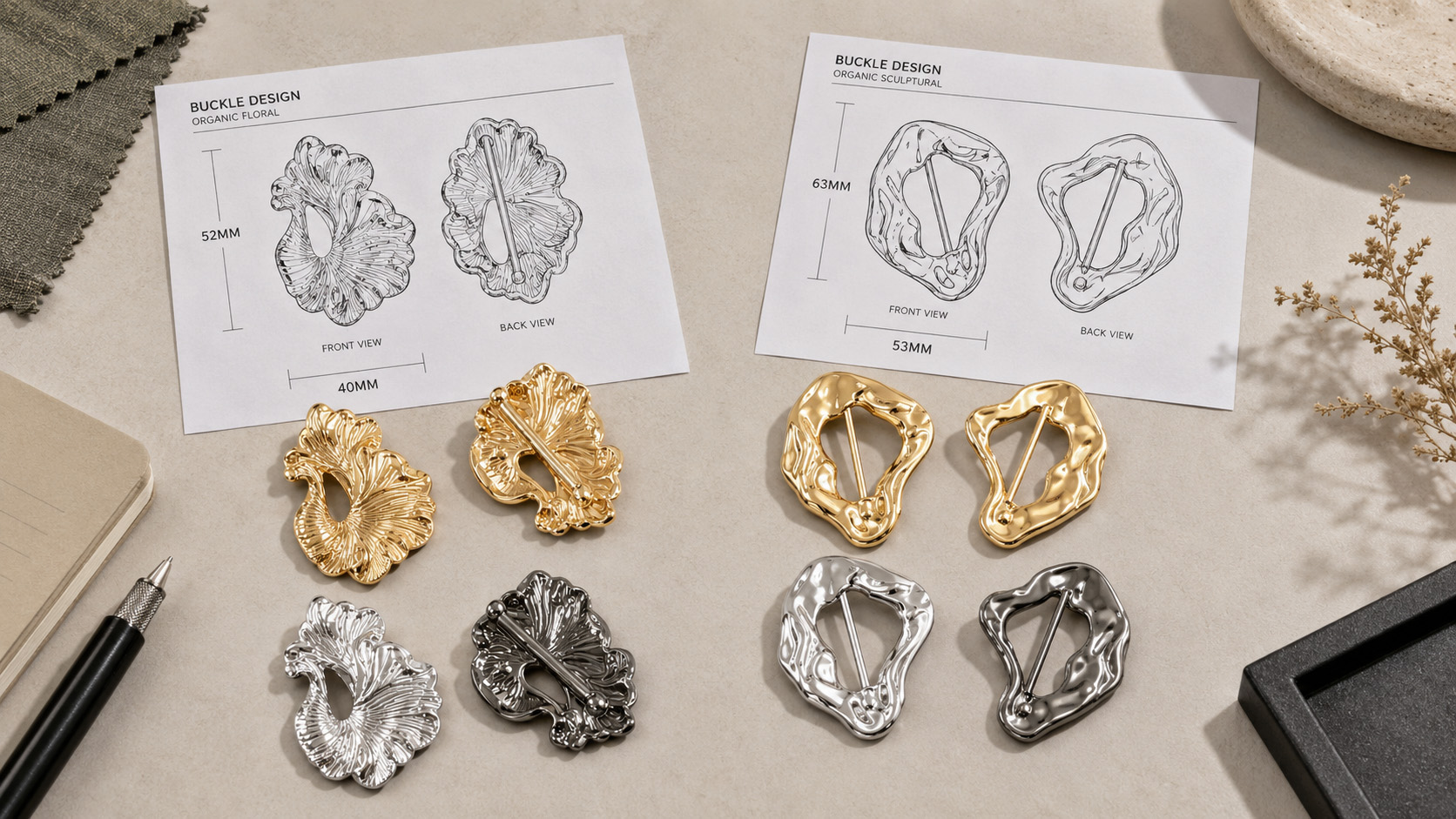 Custom buckle design drawings and metal finish samples