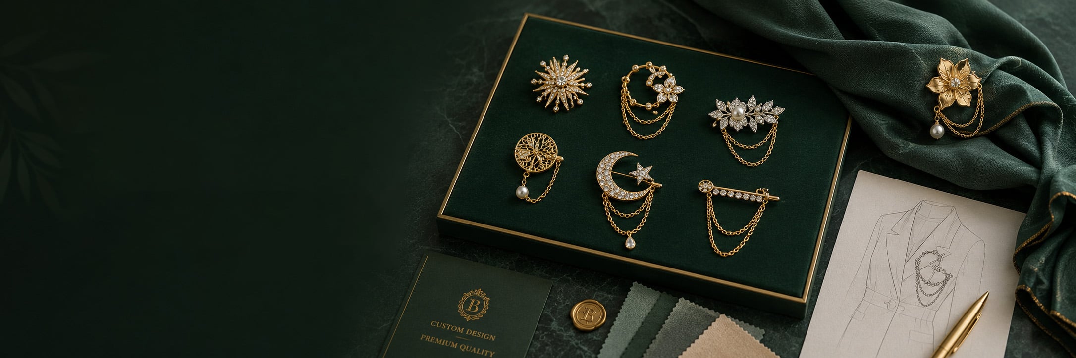 Custom brooch manufacturer for decorative garment pins, scarf brooches and hijab accessories