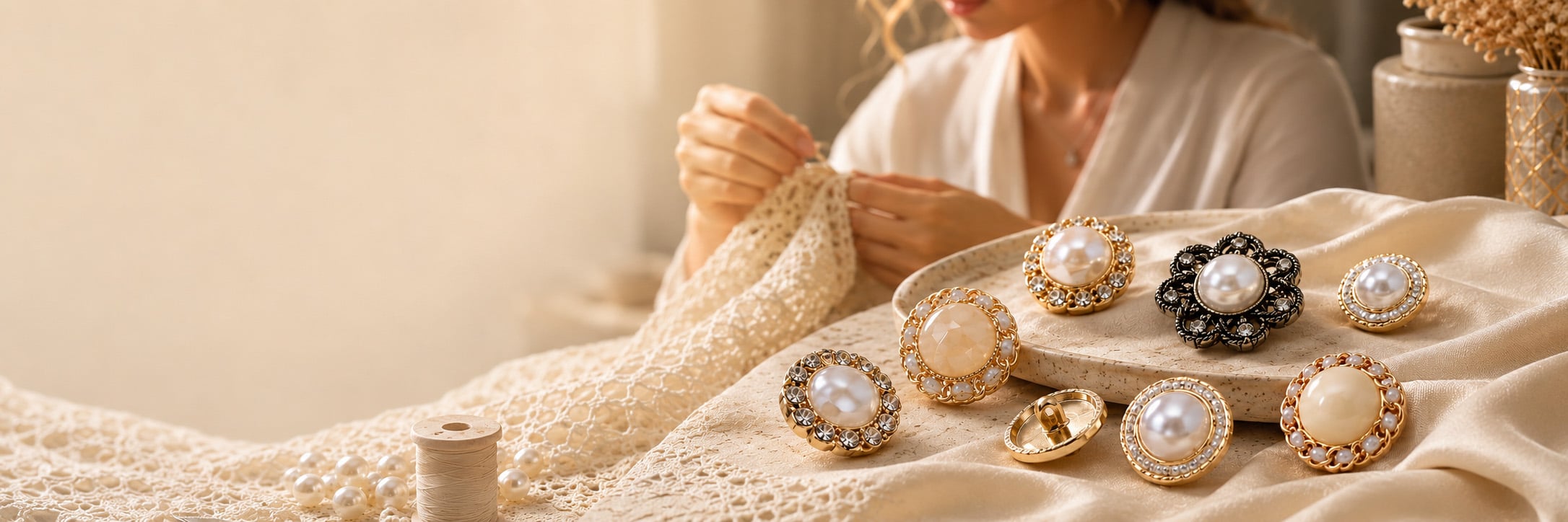 Custom pearl and metal shank buttons for elegant apparel details