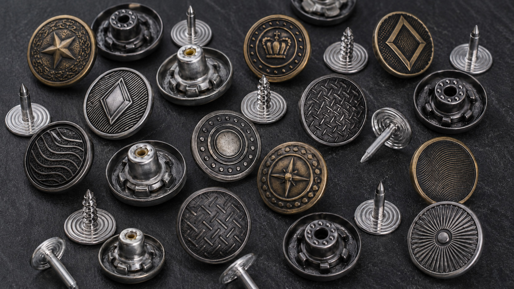 Vintage button caps, backs and matching tacks for denim garments