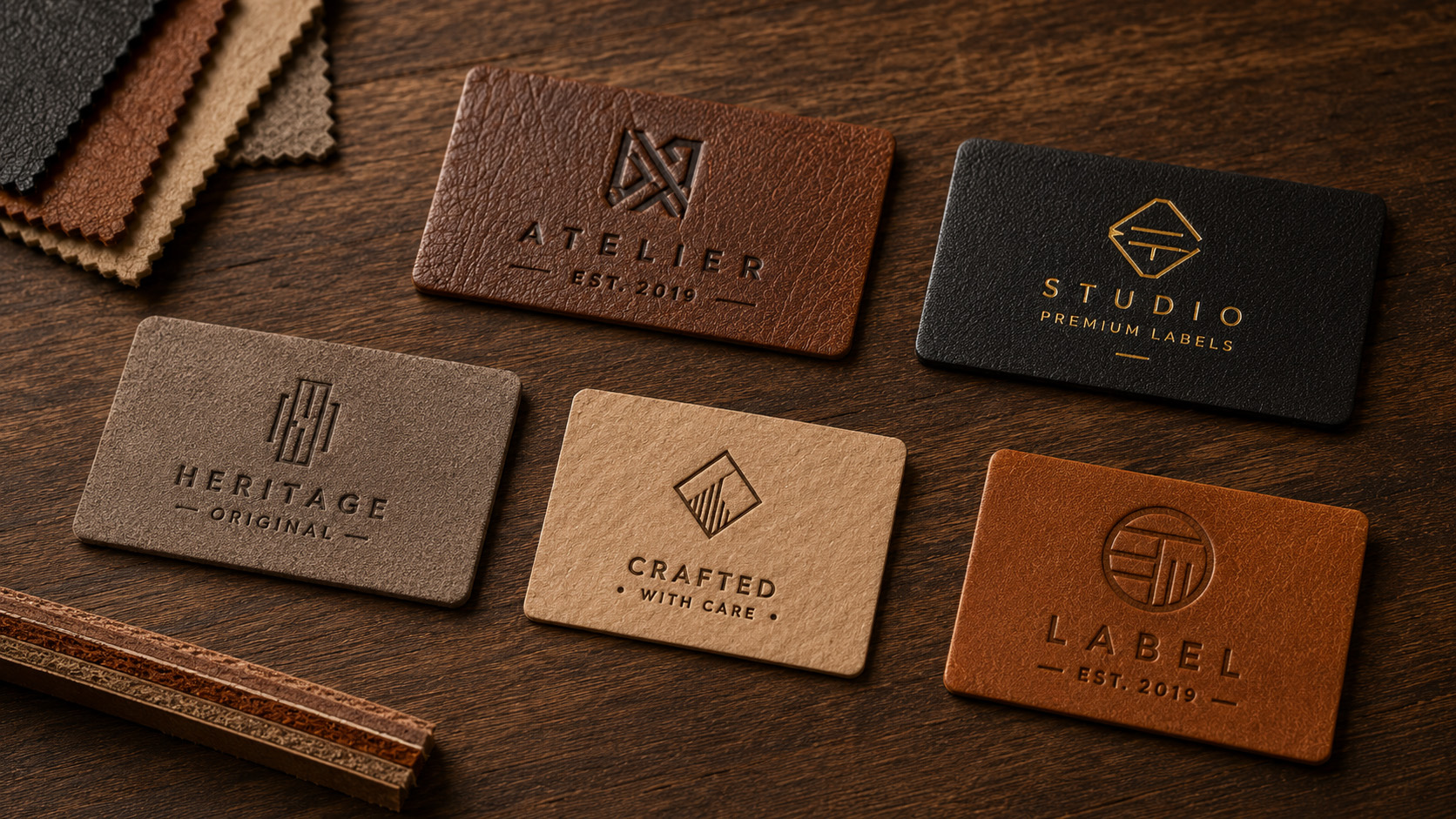 Embossed and hot-stamped leather labels with different logo effects