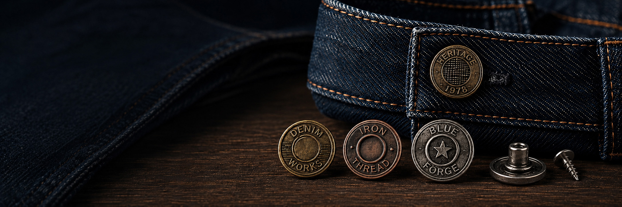 Custom jeans buttons on the waistband of dark indigo jeans