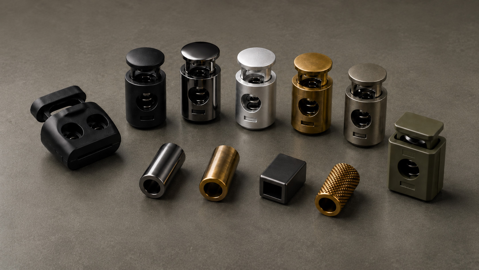 Custom plastic and metal cord locks with different hole structures and finishes