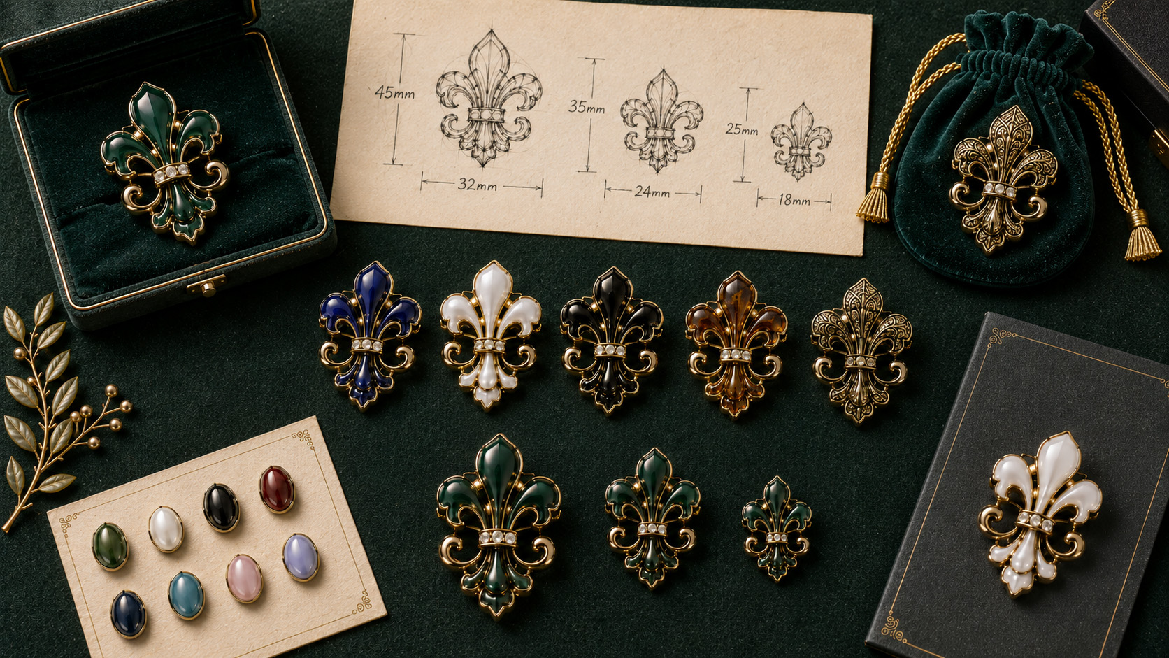 Custom brooch design options with different sizes, enamel colors, plating finishes and packaging