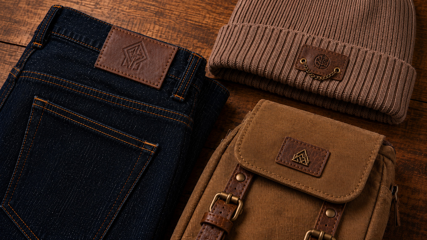 Custom leather labels applied to jeans hat and canvas bag